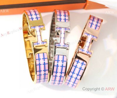 New Copy Hermes Enamel Bracelet Pink Plaid Design
